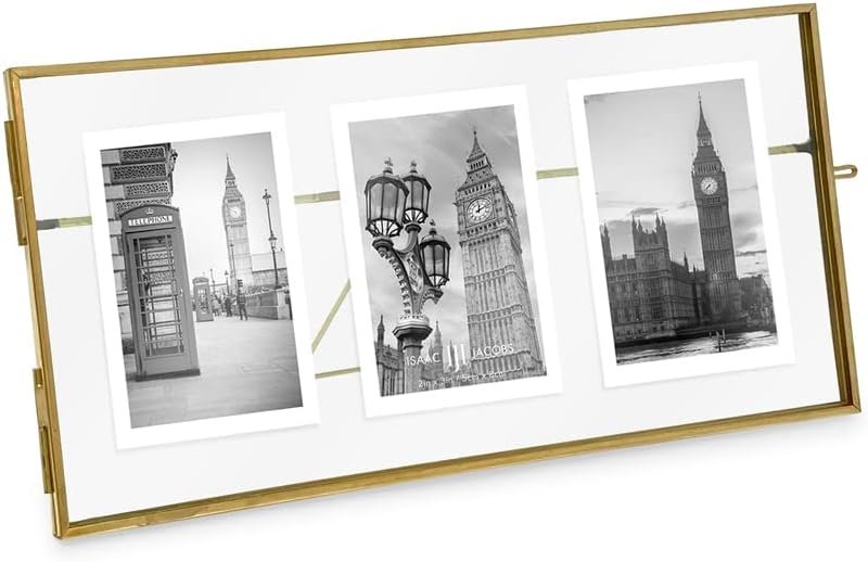 Isaac Jacobs 3-Photo Vintage Style Glass and Metal Floating Picture Frame (Horizontal) w/Locket Closure; (Fits 3 2×3 photos) for Photos, Art, & More, Tabletop Display (Three-2×3, Antique Gold)