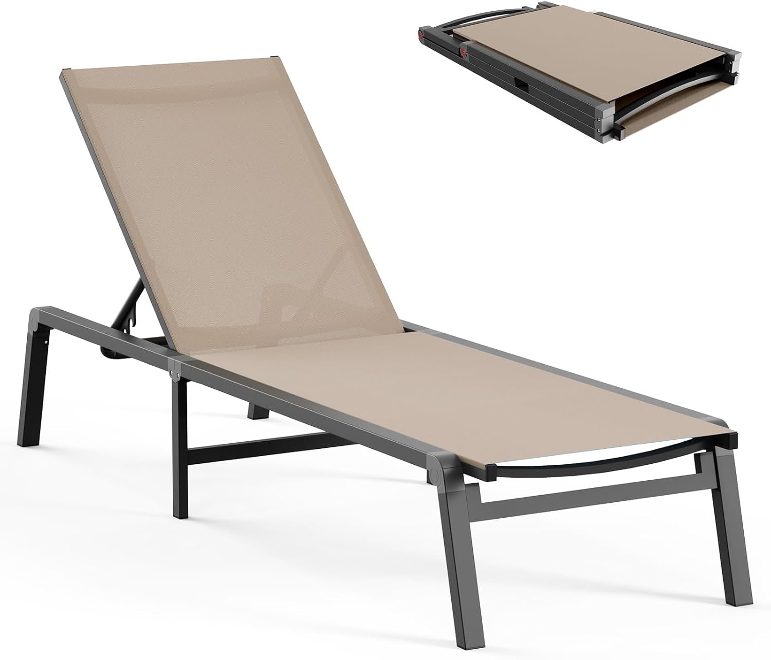 Aluminum Chaise Lounge Ourdoor – Foldable & Assemble Free Outdoor Lounge Chair with 5 Adjustable Backrest, Patio Lounge Chair for Outside Poolside Beach Pool, Khaki