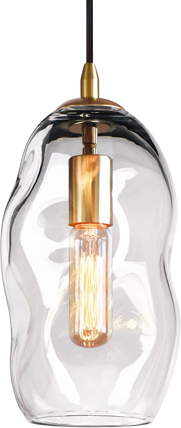 CASAMOTION Pendant Light Fixtures Glass Pendant Lights Kitchen Island Modern Gold Brass Kit Clear Organic Globe Bar Counter Dining Room Large Lamp Shade 12 Inch Height 1 Pack