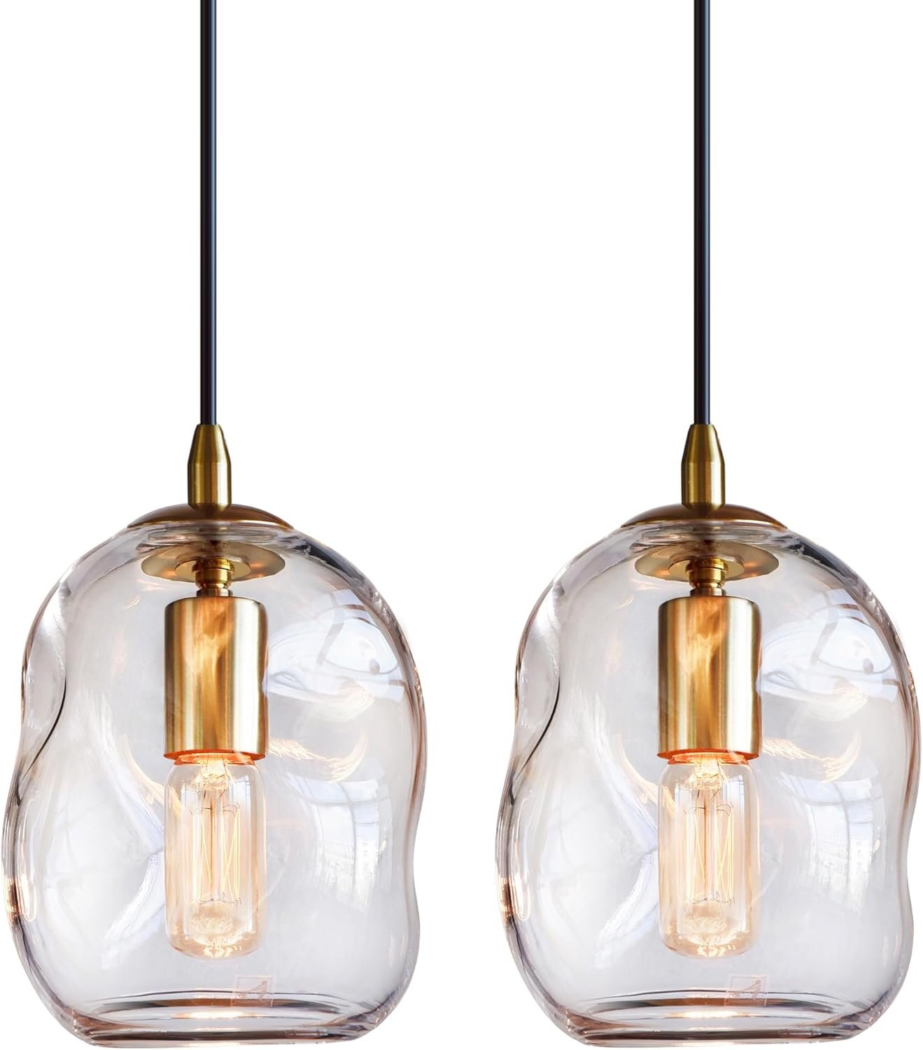 CASAMOTION Pendant Lighting Kitchen Island Modern Clear Glass Organic Globe Gold Kit Adjustable Cord Hanging Light Fixtures Dining Room Table Bar Counter Bedroom 8 Inch Height 2 Pack