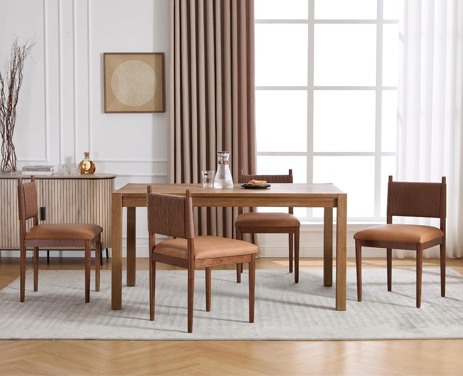 EALSON Mid Century Modern Dining Chairs Set of 4 Walnut Wooden Dining Room Chairs with Woven Back Comfortable Leather Upholstered Kitchen Chairs Armless Side Chairs for Kitchen, Brown