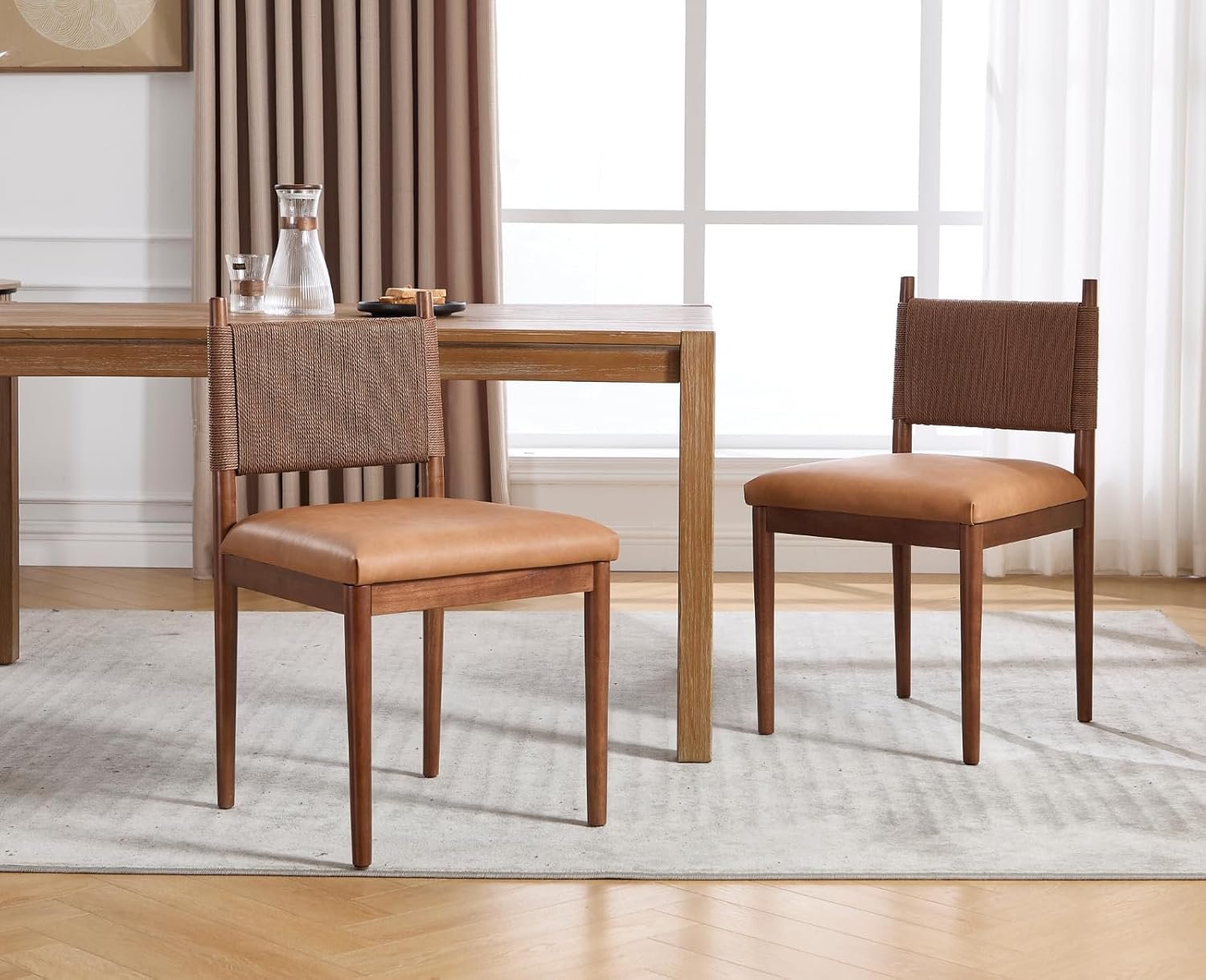 EALSON Rattan Dining Chairs Set of 2 Leather Upholstered Dining Room Chairs with Walnut Wooden Legs and Woven Back Mid Century Modern Kitchen Chairs Comfortable Armless Side Chairs for Kitchen, Brown