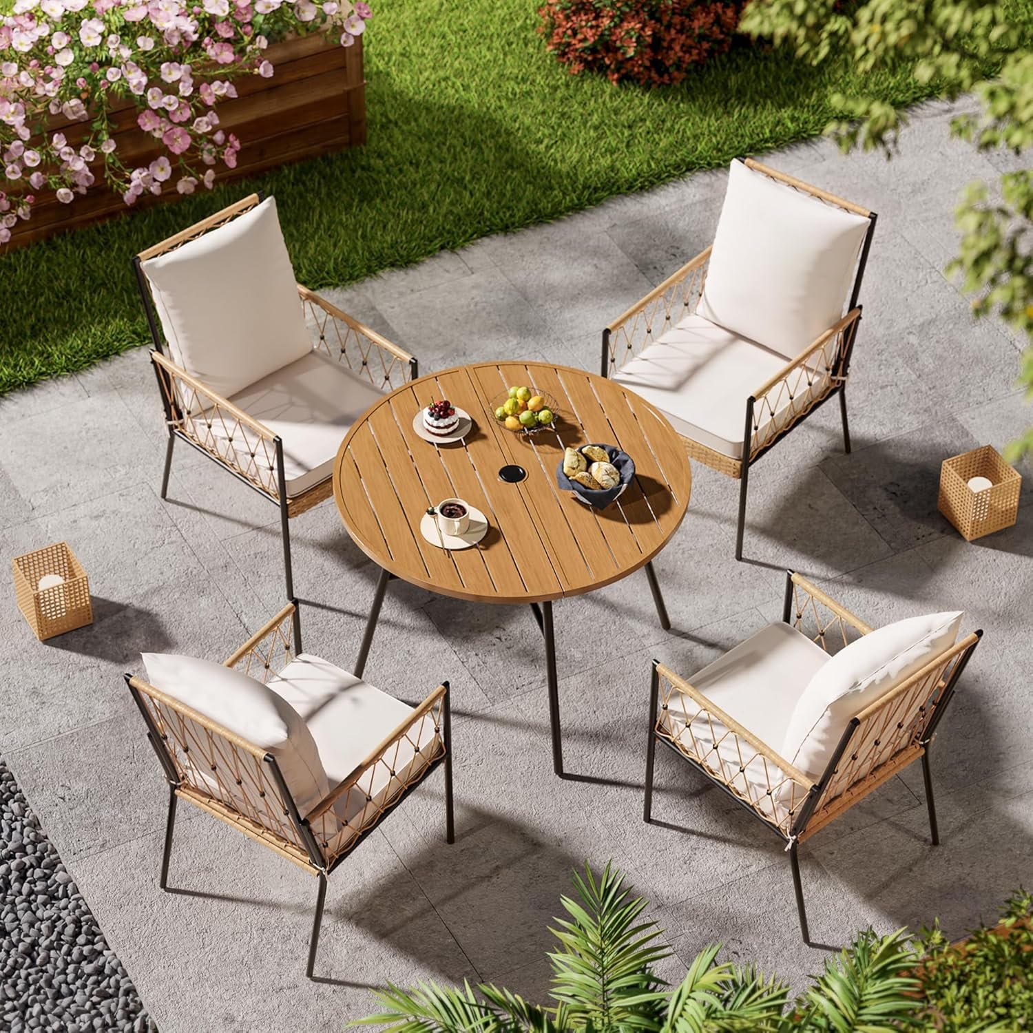SUNCOZE Outdoor Patio Dining Table and Chairs Set, 5 Pieces PE Rattan Patio Furniture Set with Cushion and Umbrella Hole, Wicker Patio Conversation Sectional Sets for Porch, Backyard and Lawn, Beige